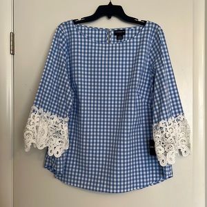 NWT Liz Claiborne XL blue gingham blouse with lace sleeves